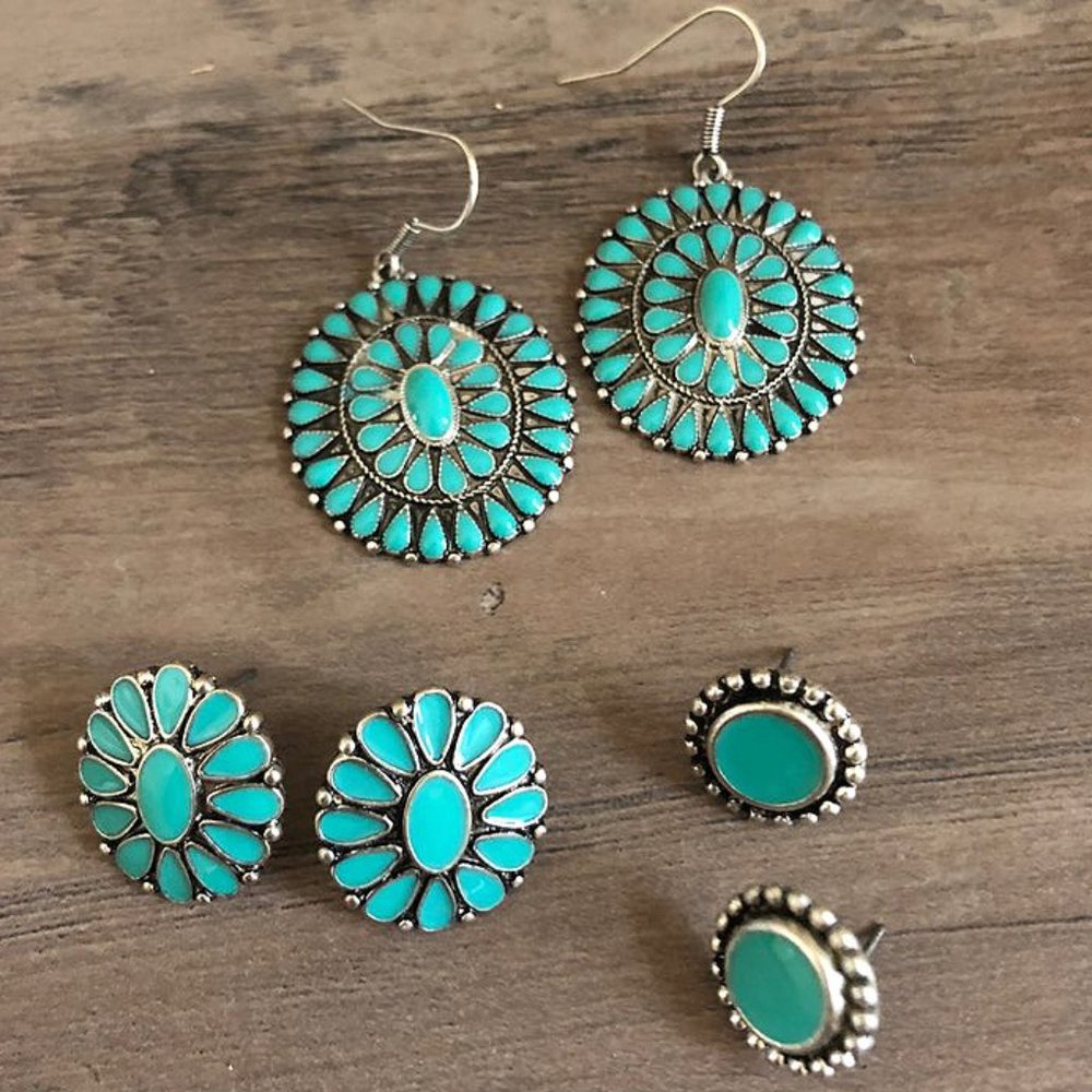 Faux Turquoise Earring Set 3 Pairs Squash Blossom - Picture 1 of 8